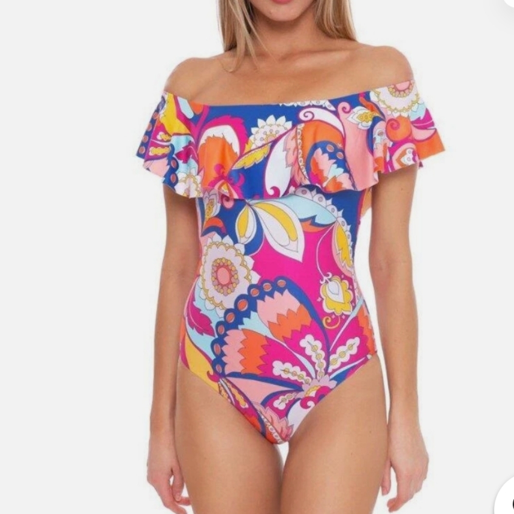 Trina Turk Sevilla Cap Sleeve Off Shoulder Ruffle One Piece Swimsuit - Picture 3 of 9